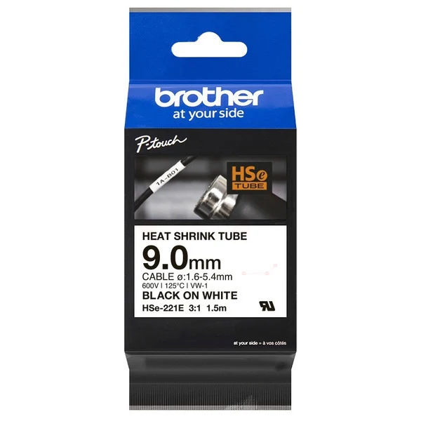 Original Brother HSE-221E Heissschrumpfschlauch schwarz auf weiss 8,8mm x 1,5m