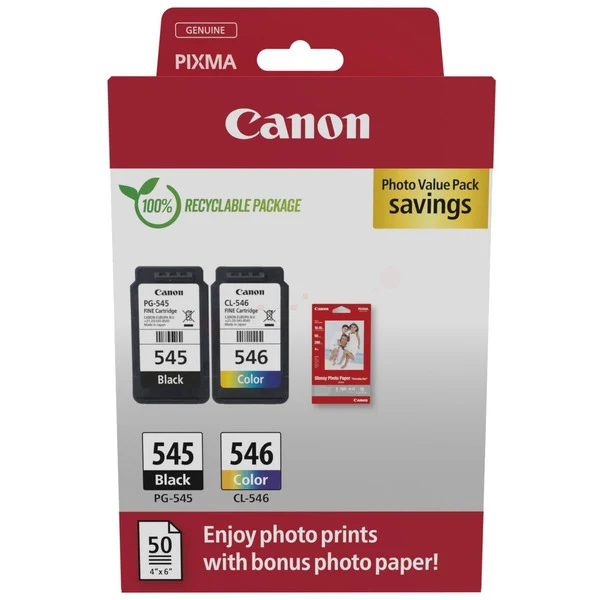 Original Canon PG-545+CL-546 Tintenpatrone 2er-Set schwarz + color + Fotopapier 50 Blatt