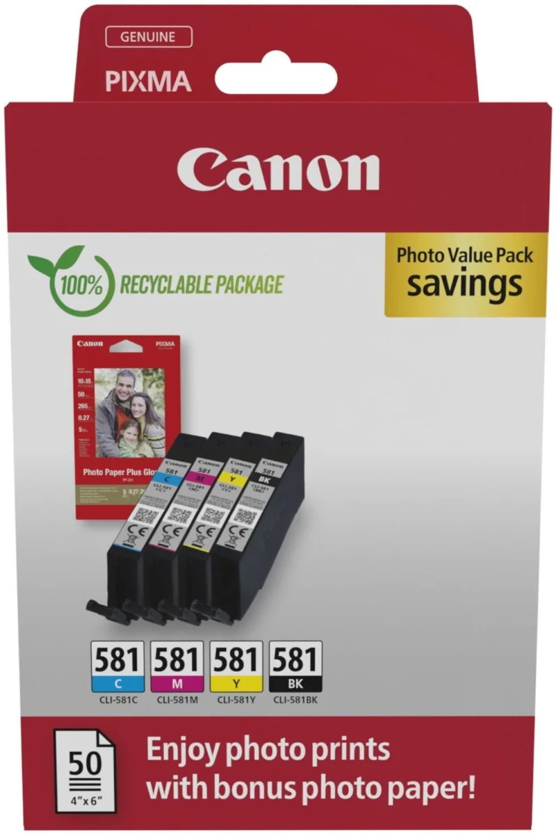 Original Canon CLI-581 Tintenpatrone 4er-Set Bk,C,M,Y + Fotopapier 50 Blatt
