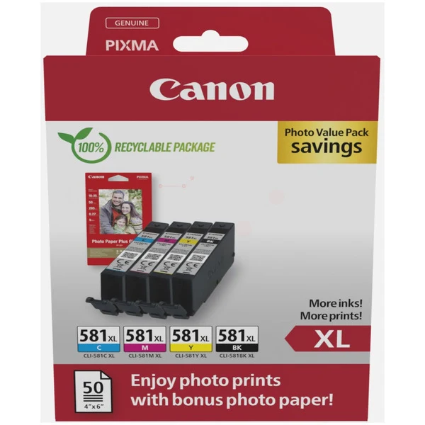 Original Canon CLI-581XL Tintenpatrone 4er-Set Bk,C,M,Y + Fotopapier 50 Blatt